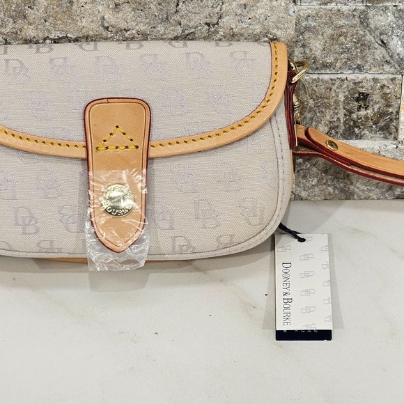 Dooney & Bourke Lt Blue Canvas & Leather Trimmed Flap Wallet Wristle - Picture 1 of 6